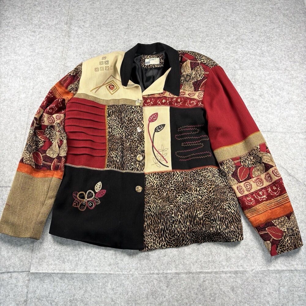Vintage Koret Patchwork Leopard Tapestry Jacket Coat Button Front Womens Large
